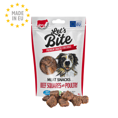 Embalagem de snacks para cães Let's Bite em branco e vermelho com pedaços de carne