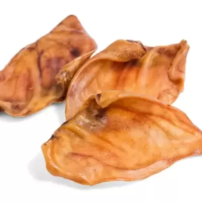 Três orelhas de porco secas castanhas claras em fundo branco