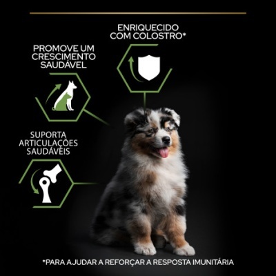 Filhote de cão cinza e branco com texto sobre benefícios do produto