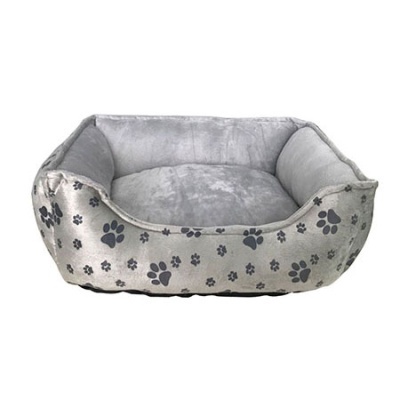 Cama para animais cinzenta com padrão de patas