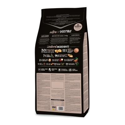 Parte de trás de embalagem preta de alimento para animais com texto em inglês e ícones informativos