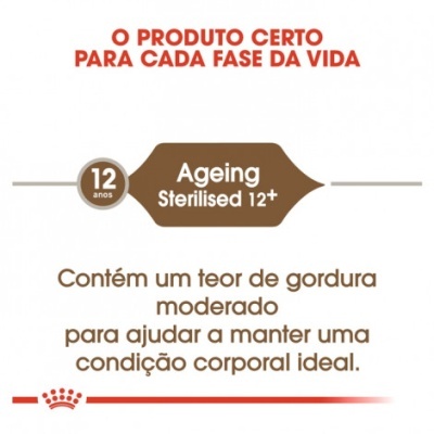 Texto informativo sobre produto alimentar para animais com foco em aves esterilizadas com 12 anos de idade