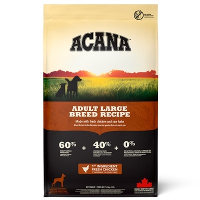 Saco de ração para cães ACANA Adult Large Breed Recipe com texto e imagem de cães em campo