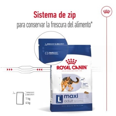 Embalagem de ração Royal Canin Maxi Adult com fecho zip e imagem de gato
