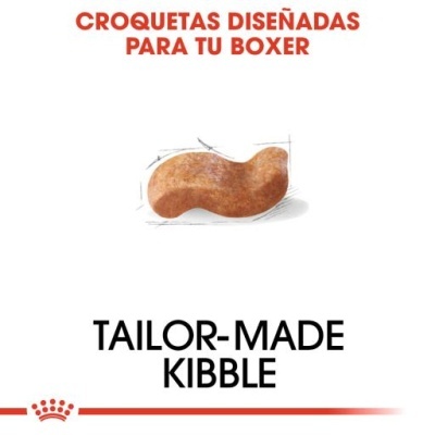 Croquete de ração para cão em forma curva com texto em espanhol e inglês