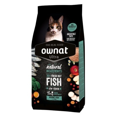 Saco de comida para gatos Ownat Ultra Fish com foto de gato e ingredientes naturais