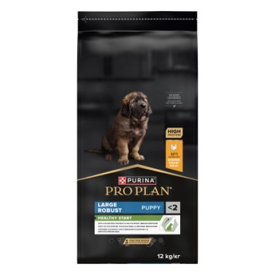 Saco preto de ração para cães PURINA PRO PLAN com imagem de cachorro e texto informativo