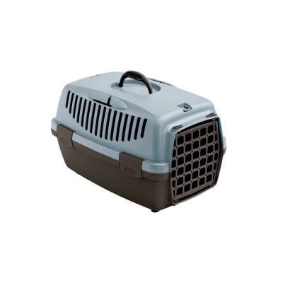 Transportadora para animais em plástico cinzento e castanho com porta grade preta