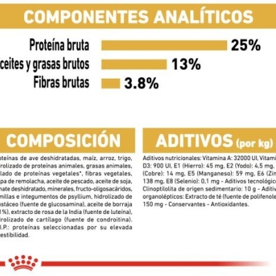 Rótulo com componentes analíticos, composição e aditivos nutricionais em espanhol