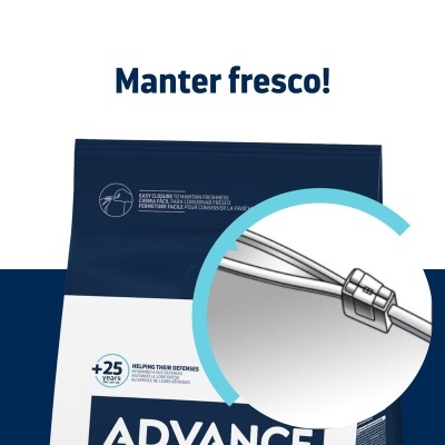 Embalagem Produtos Advance azul e branca com fecho fácil zip ampliado