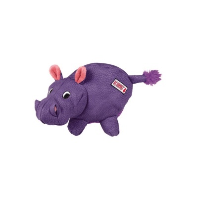 Brinquedo para cachorro roxo em forma de rinoceronte com orelhas cor-de-rosa.