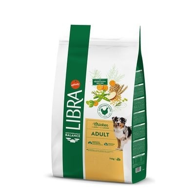 Saco de ração LIBRA Adult para cães com design verde, branco e amarelo