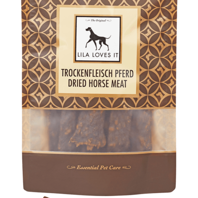 Embalagem de petisco para cães de carne seca de cavalo da marca LILA LOVES IT