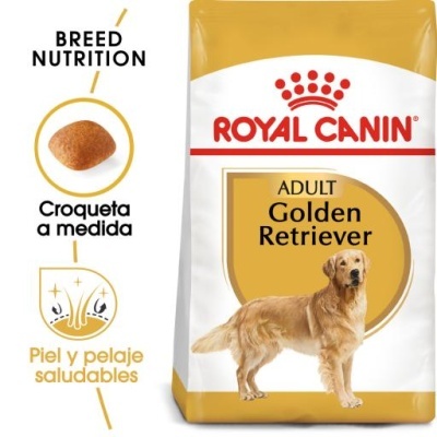 Embalagem de ração Royal Canin para Golden Retriever adulto com foto do cão e texto em espanhol.