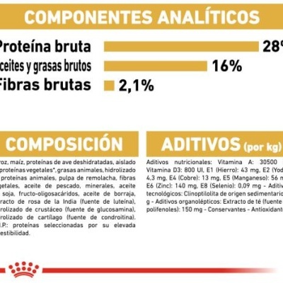 Tabela com componentes analíticos e composição de produto alimentar em espanhol.