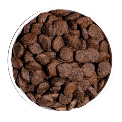 Ração castanho escuro em recipiente branco vista de cima