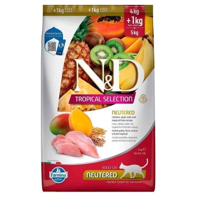 Saco de comida para gatos adultos castrados N&D Tropical Selection com imagens de frutas tropicais e carne.