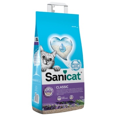 Saco de areia para gato Sanicat Classic azul e roxa com imagem de gato e coração de areia.
