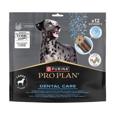 Pacote de palitos dentais para cães grandes da Purina Pro Plan Dental Care com dálmata na embalagem