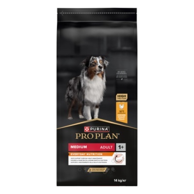 Embalagem preta de ração para cães Purina Pro Plan Medium Adult 1+