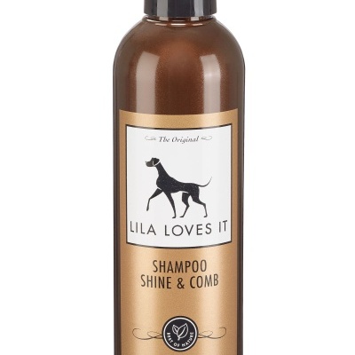 Frasco castanho de shampoo para cães LILA LOVES IT com rótulo e tampa preta