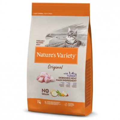 Saco de ração para gatos Nature's Variety Original 7 kg, cor laranja e bege, com imagem de gato e pedaços de carne de peru.