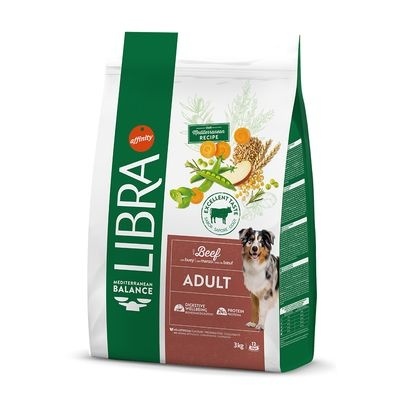 Saco branco e verde de ração para cães IBRA Adult sabor carne com imagem de cão