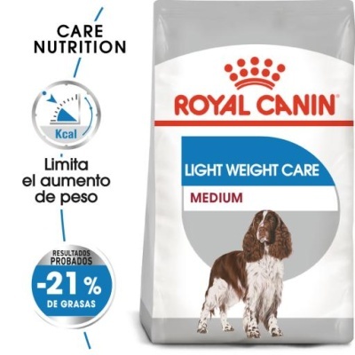 Saco de ração Royal Canin Light Weight Care Medium para cães com selo de redução de gordura e texto em espanhol