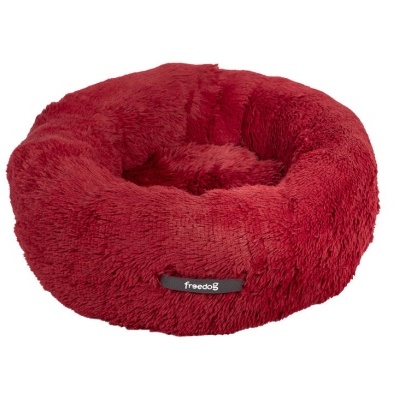 Cama redonda vermelha para animais com textura peluda e etiqueta TrendPet