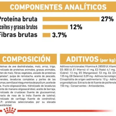 Tabela de componentes e composição de produto com dados nutricionais e ingredientes em fundo branco e texto laranja