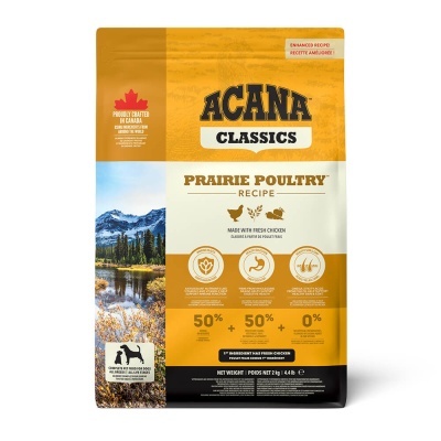 Saco de ração ACANA CLASSICS PRAIRIE POULTRY amarelo e branco com imagem de natureza