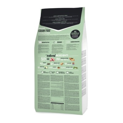 Embalagem verde e preta de ração para cães com texto GRAIN FREE e lista de ingredientes