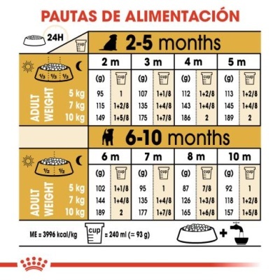 Tabela de alimentação para cães por idade e peso com medidas em gramas e copos, símbolos do sol e lua, texto PAUTAS DE ALIMENTACIÓN.