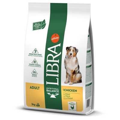 Saco de ração para cães LIBRA Adult Chicken 3 kg com fundo branco e verde
