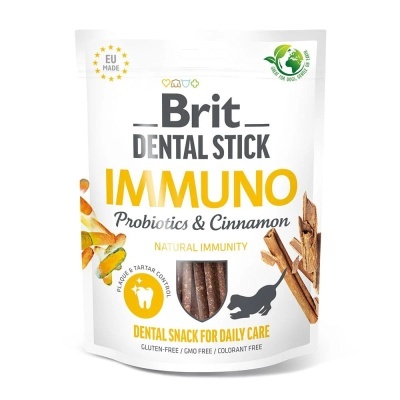 Pacote branco de snacks dentais para cães Brit Dental Stick IMMUNO com probióticos e canela