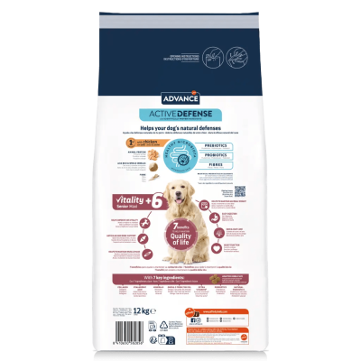 Saco de ração para cão Advance Active Defense Vitality +6 Senior Maxi, branco e azul, 12 kg