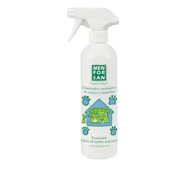 Frasco de spray branco com rótulo de removedor enzimático de manchas de urina para animais.
