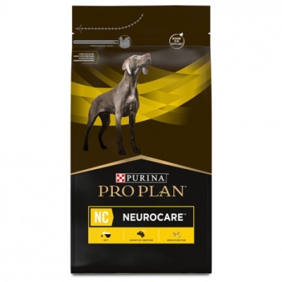 Pacote de ração para cães Purina Pro Plan NC NeuroCare com imagem de cão e textos em amarelo e preto