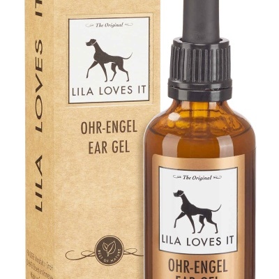 Frasco de gel para orelhas em vidro âmbar com conta-gotas e sua embalagem castanha clara