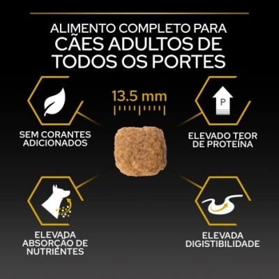 Imagem de croquete de ração para cães com descrições nutricionais