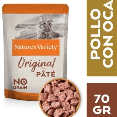 Pacote de paté para gatos Nature's Variety com imagem de gato.