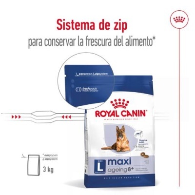 Embalagem de ração Royal Canin Maxi Ageing 8+ com sistema de fecho zip e imagem de cão