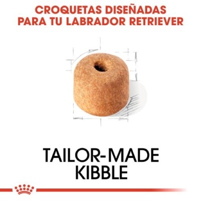 Croqueta castanha para cão com texto promocional em fundo branco