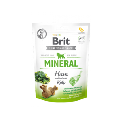 Embalagem de snack funcional Brit Mineral para cachorros, branco e verde, com presunto e alga Kelp
