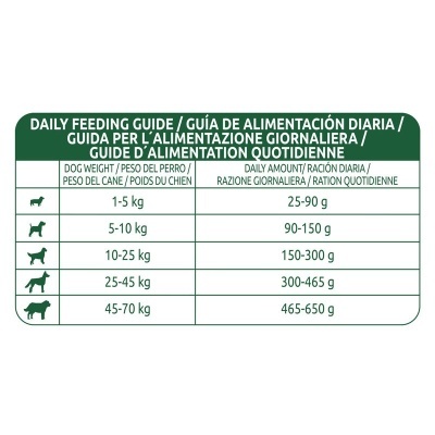 Tabela de guia diário de alimentação para cães com pesos e quantidades em várias línguas.