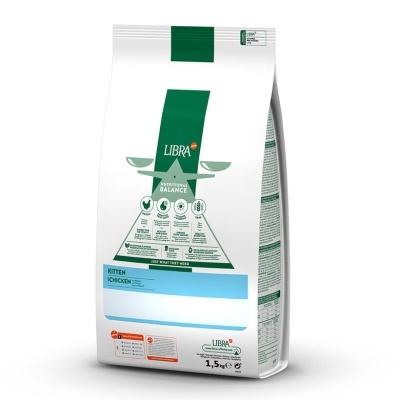 Saco de ração para gatos LIBRA Restrictive Balance Kitten Chicken branco e verde de 1,5 kg