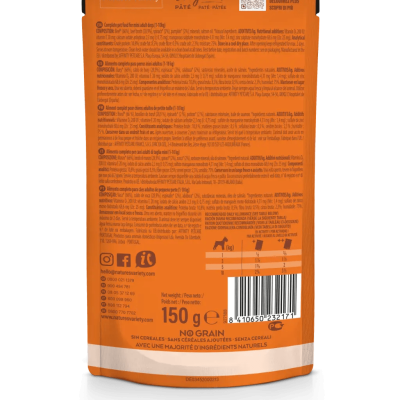 Embalagem traseira laranja de patê Nature's Variety Original de 150 g com texto e código de barras