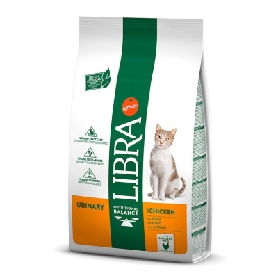 Saco de ração para gatos Libra Urinary Chicken branco, verde e laranja com imagem de um gato