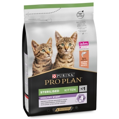 Embalagem de ração Purina Pro Plan para gatinhos esterilizados com fotos de gatos