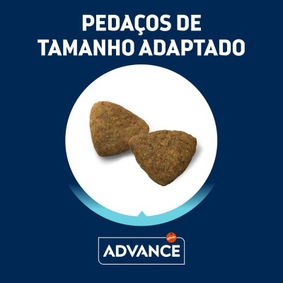 Croquetes triangulares castanhos sobre círculo branco com texto sobre fundo azul